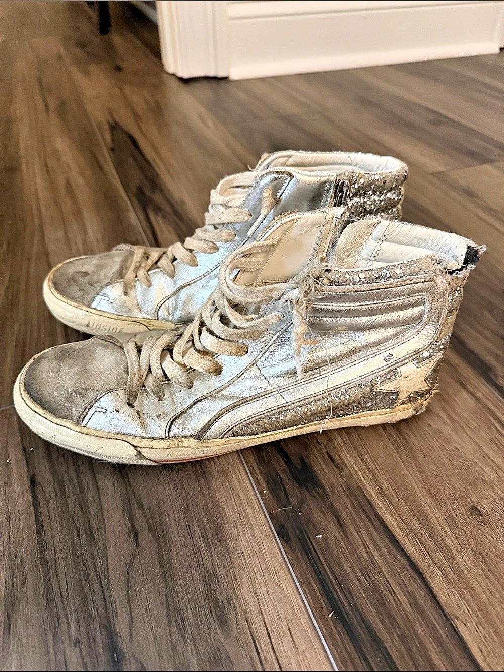 Golden Goose Slide High-Top Sneakers Silver & White